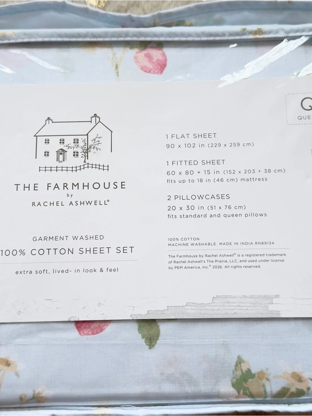 The Farmhouse Floral Cotton Sheet Set - Light Blue with Pink Roses